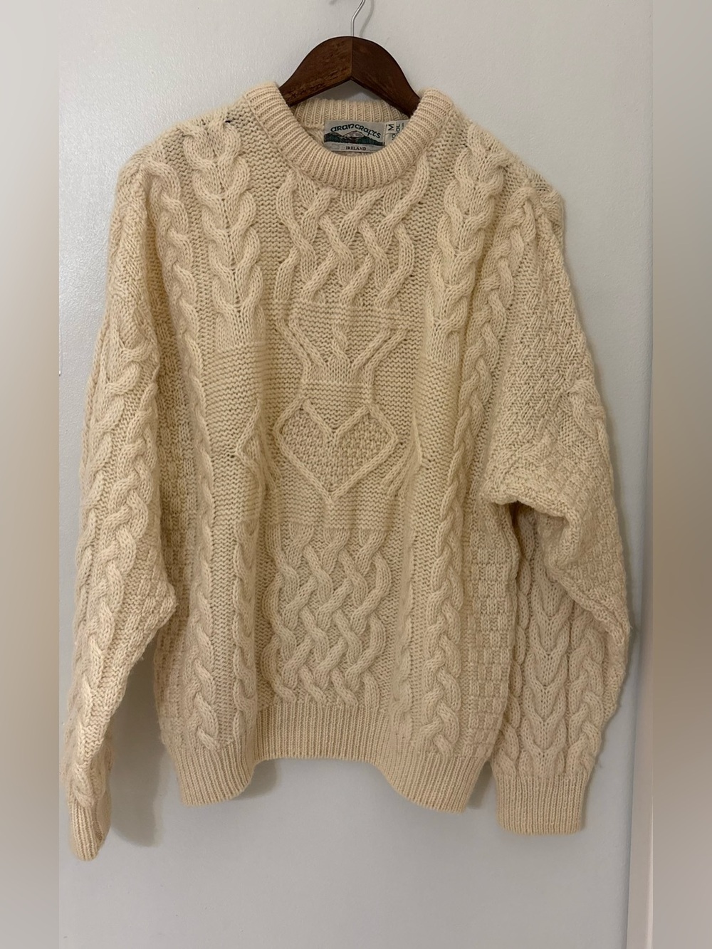 Aran Crafts Ireland Vintage 100% Wool Cream Cable-Pattern Crewneck Sweater Sz:M